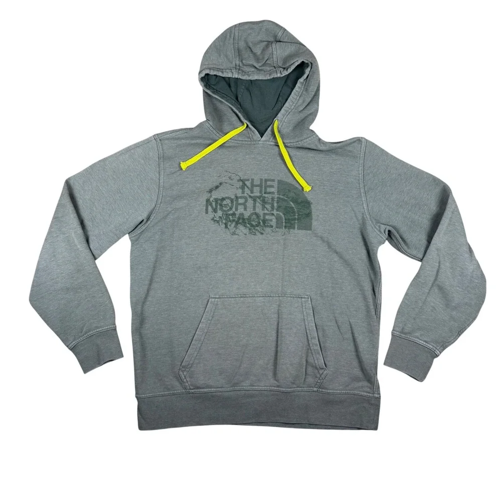The North Face Mens Gray Distressed Logo Pullover Hoodie Size Large Neon Yellow